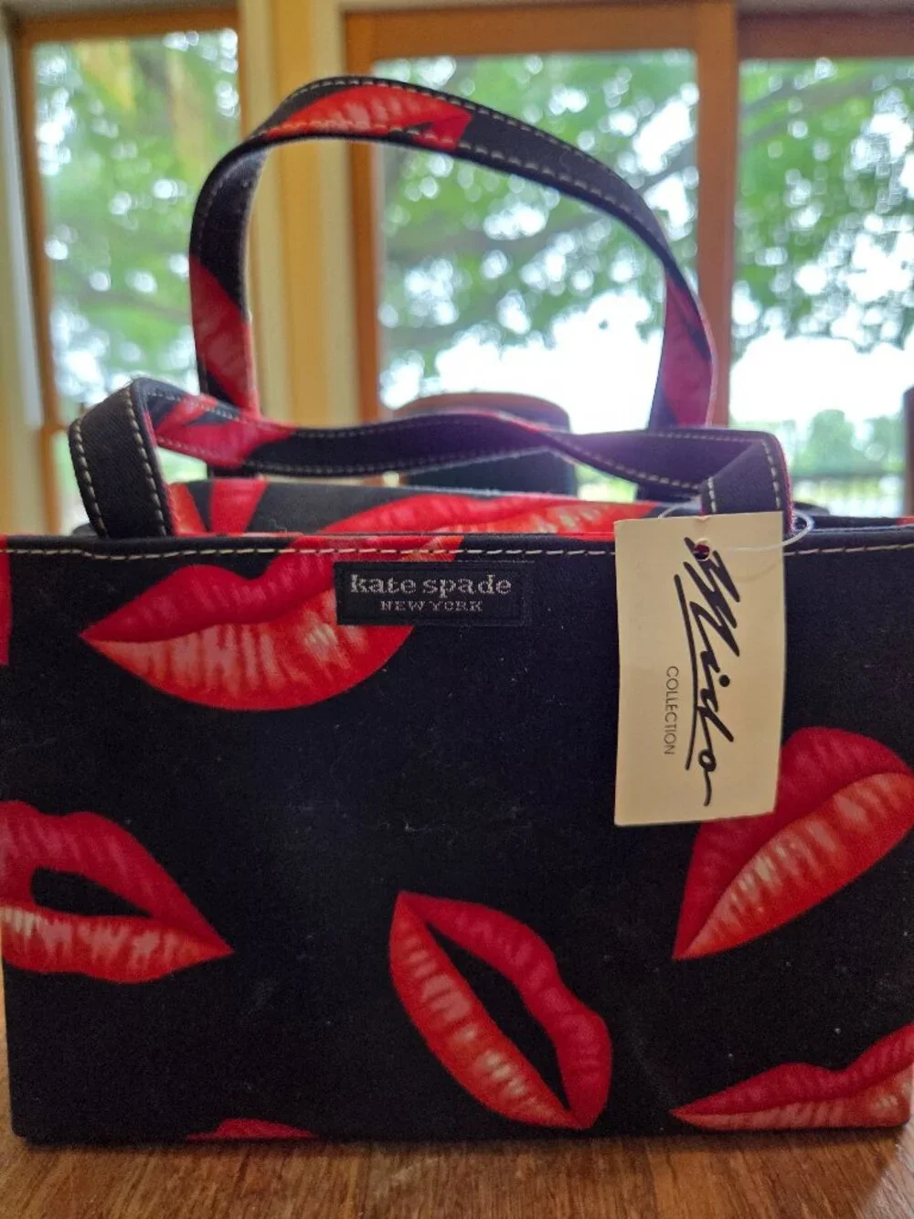 Vintage Kate Spade Black Canvas Red Lips Print Mini Tote Bag  8x6 Small